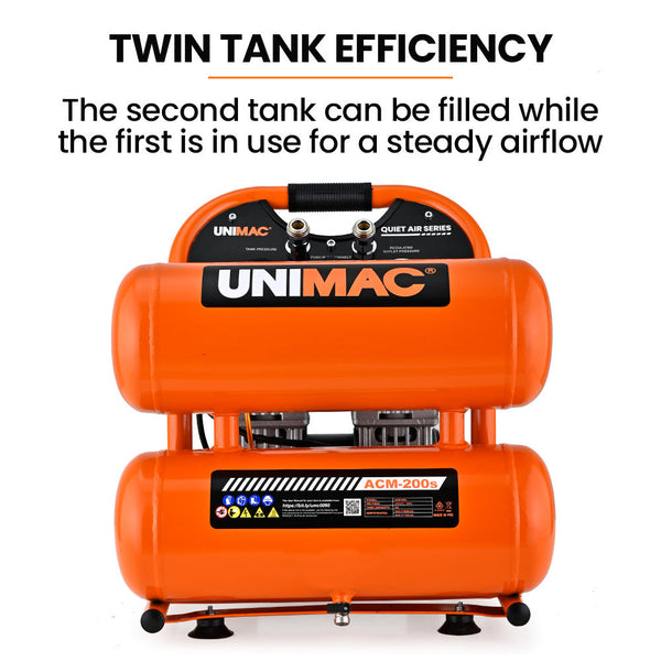 Air Compressors Unimac 20L Twin Tank Air Compressor 116Psi Portable Silent Oil Free Electric For Airtools Tyre Inflation