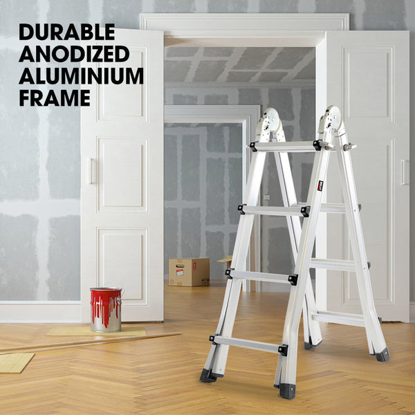 Ladders Bullet 4M Folding Aluminium Multipurpose Ladder W/ Workshelf Platform Spring Assisted Rapid Safety Lock Adjusters