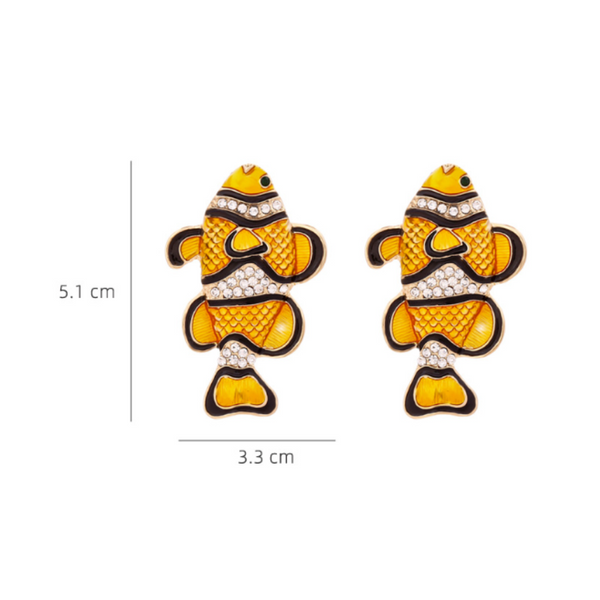 Earrings Diamond Studded Clownfish Alloy Cartoon Tropical Marine Animal Design