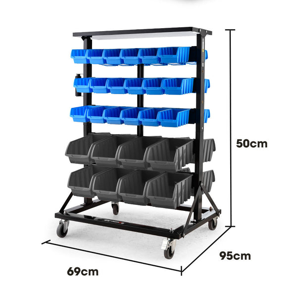 Tool Shelving & Racking Systems Baumr Ag 52 Parts Bin Rack Storage System Mobile Double Sided Blue