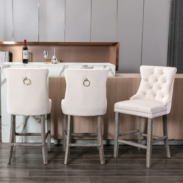 Dining Chairs 4X Velvet Bar Stools With Studs Trim Wooden Legs Tufted Kitchen