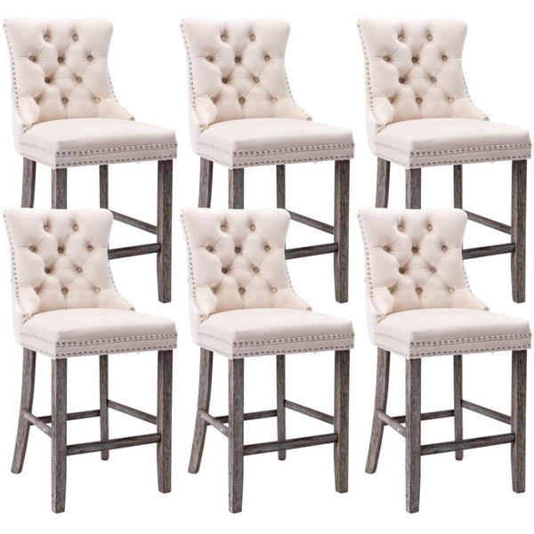 Dining Chairs 6X Velvet Bar Stools With Studs Trim Wooden Legs Tufted Kitchen