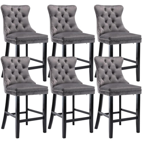 Dining Chairs 6X Velvet Bar Stools With Studs Trim Wooden Legs Tufted Kitchen