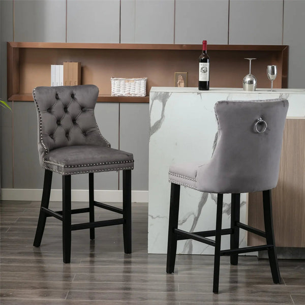 Dining Chairs 6X Velvet Bar Stools With Studs Trim Wooden Legs Tufted Kitchen