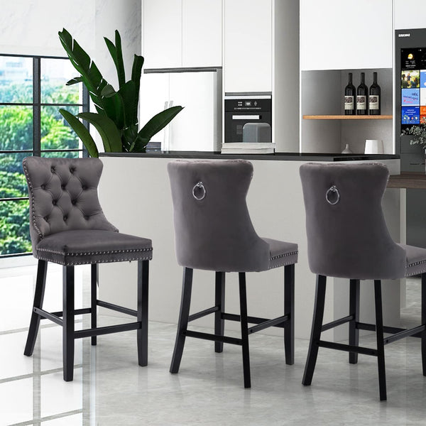 Dining Chairs 6X Velvet Bar Stools With Studs Trim Wooden Legs Tufted Kitchen