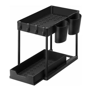 Racks & Holders Gominimo 2 Packs Tier Under Sink Organizer Shelf With 8 Hanging Hooks And Cup Holders (Black)