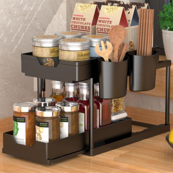 Racks & Holders Gominimo 2 Packs Tier Under Sink Organizer Shelf With 8 Hanging Hooks And Cup Holders (Black)