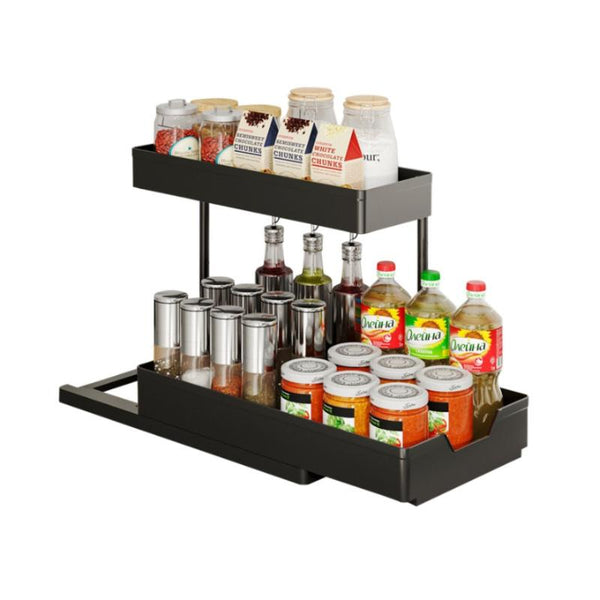 Racks & Holders Gominimo 2 Packs Tier Under Sink Organizer Shelf With 8 Hanging Hooks And Cup Holders (Black)