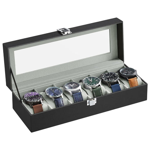 Boxes & Cases Songmics Watch Box For 6 Watches With Glass Lid And Removable Pillows Black Synthetic Leather Grey Lining