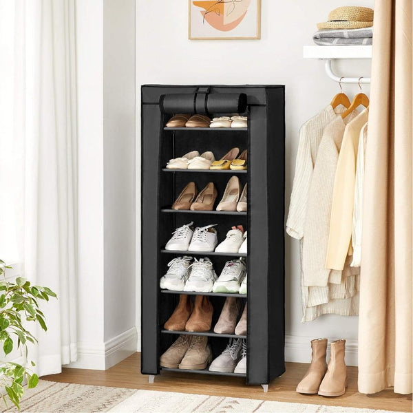 Shoe Racks Songmics 7 Tier Shoe Rack For 14 20 Pairs Of Shoes Nonwoven Fabric Cover Black