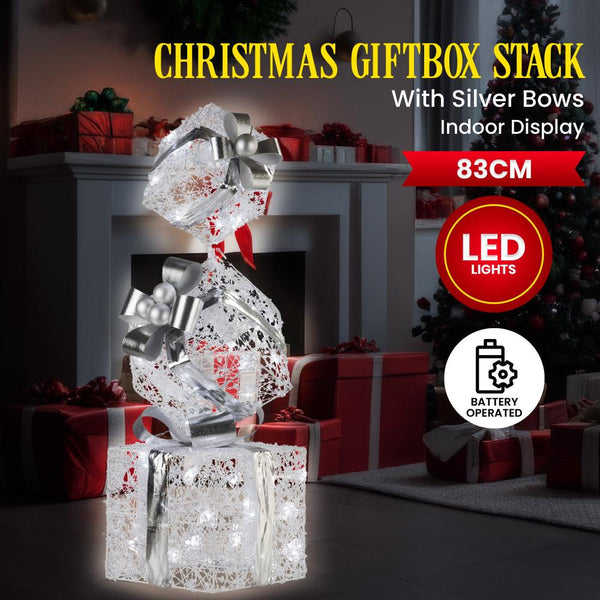 Seasonal Decorations Swishmas 83Cm Triple Christmas Silver Giftbox Stack Display With Lights