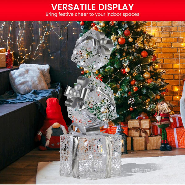 Seasonal Decorations Swishmas 83Cm Triple Christmas Silver Giftbox Stack Display With Lights