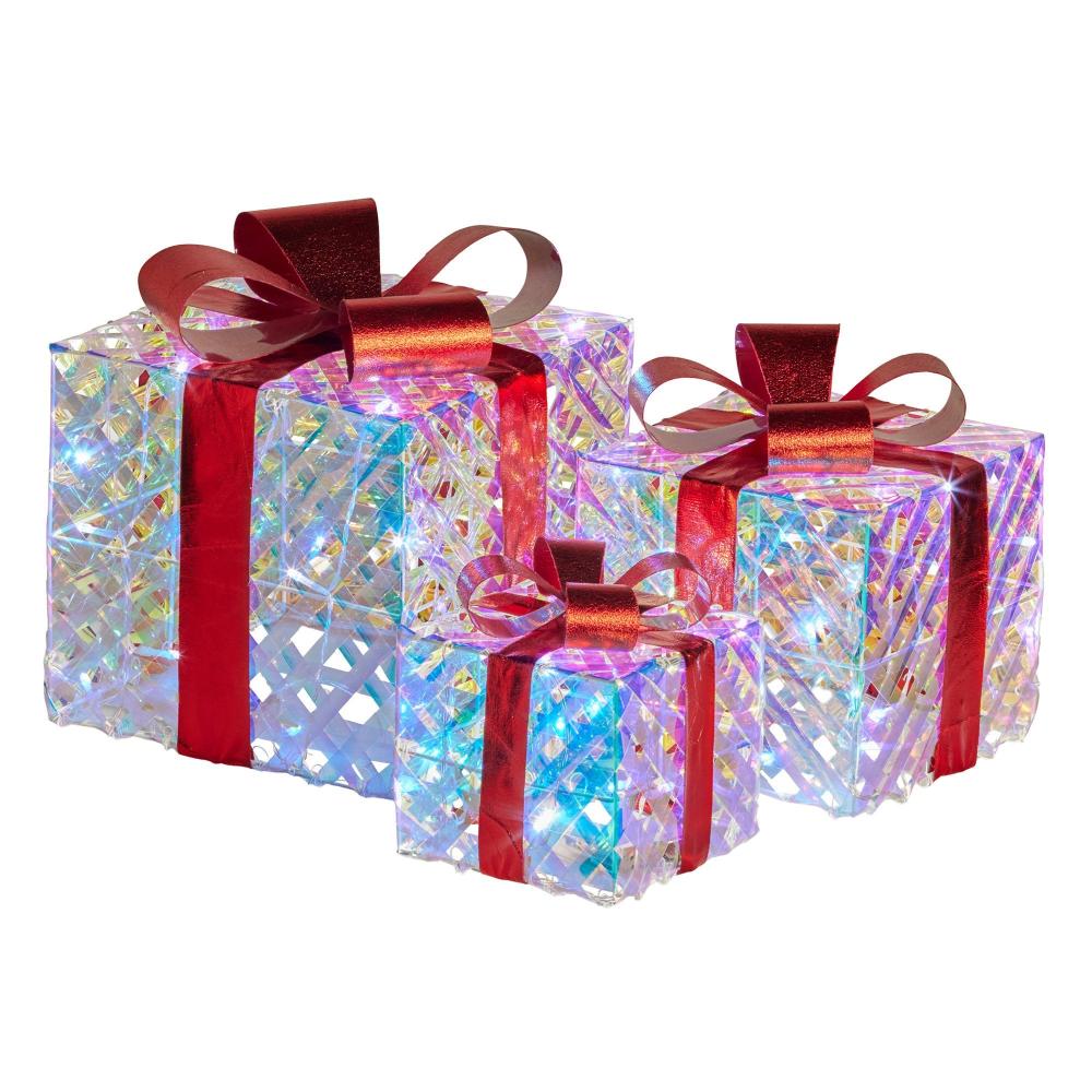 Seasonal Decorations Swishmas Set Of 3 Christmas Gift Boxes With Lights Clear Shimmer Red Bows