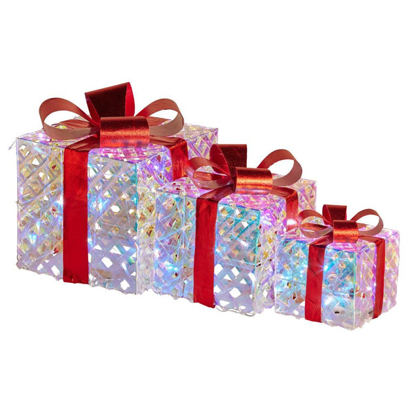 Seasonal Decorations Swishmas Set Of 3 Christmas Gift Boxes With Lights Clear Shimmer Red Bows