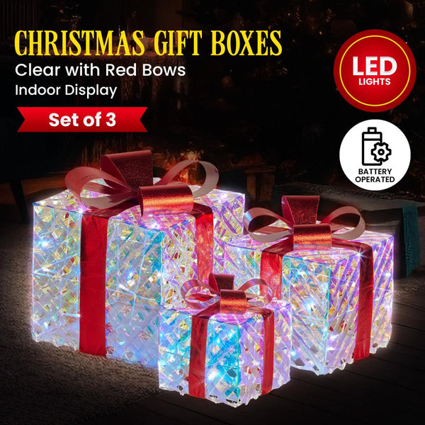 Seasonal Decorations Swishmas Set Of 3 Christmas Gift Boxes With Lights Clear Shimmer Red Bows