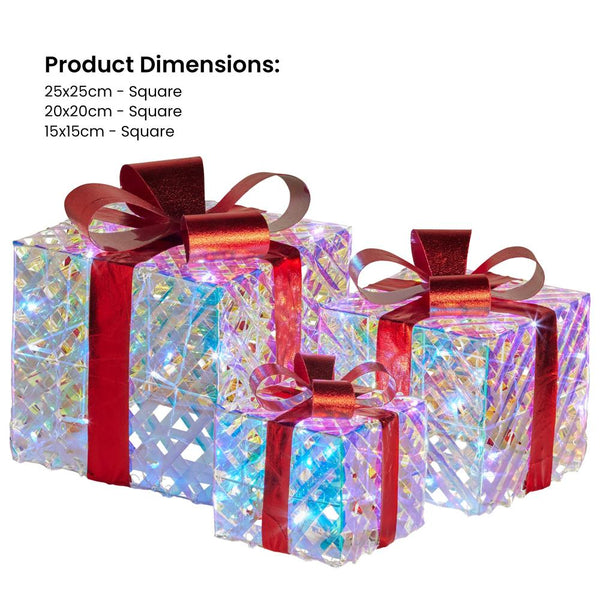 Seasonal Decorations Swishmas Set Of 3 Christmas Gift Boxes With Lights Clear Shimmer Red Bows