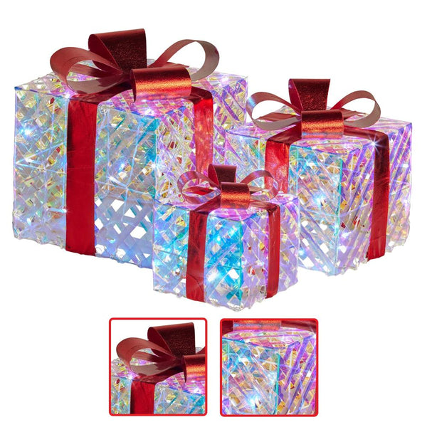 Seasonal Decorations Swishmas Set Of 3 Christmas Gift Boxes With Lights Clear Shimmer Red Bows