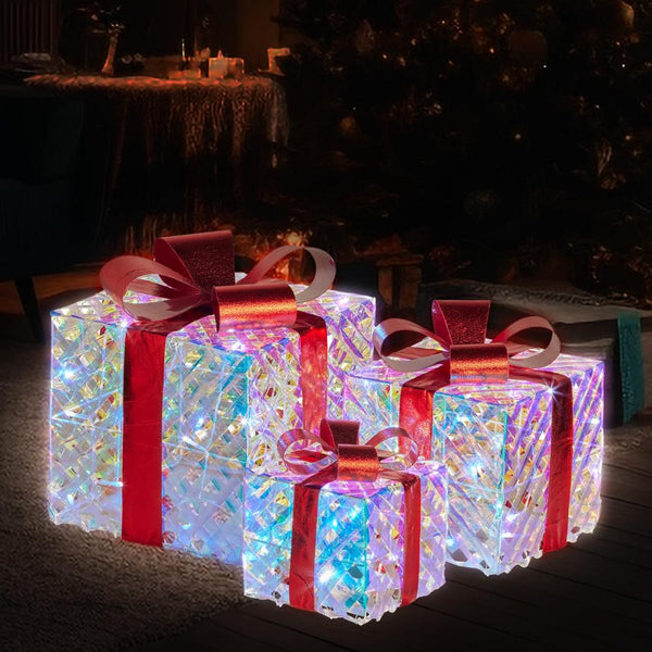 Seasonal Decorations Swishmas Set Of 3 Christmas Gift Boxes With Lights Clear Shimmer Red Bows