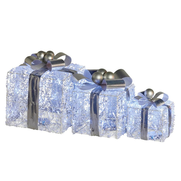 Seasonal Decorations Swishmas Set Of 3 Christmas Gift Boxes With Lights Jewelled Wire And Silver Bows