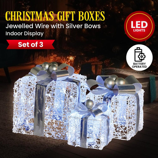 Seasonal Decorations Swishmas Set Of 3 Christmas Gift Boxes With Lights Jewelled Wire And Silver Bows