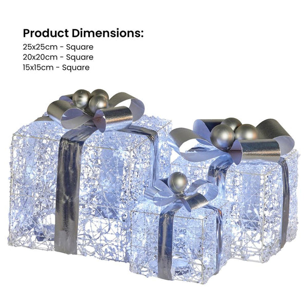 Seasonal Decorations Swishmas Set Of 3 Christmas Gift Boxes With Lights Jewelled Wire And Silver Bows