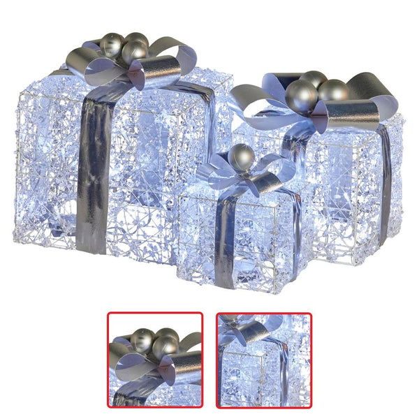 Seasonal Decorations Swishmas Set Of 3 Christmas Gift Boxes With Lights Jewelled Wire And Silver Bows