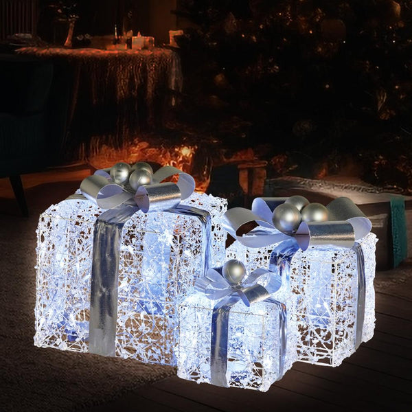 Seasonal Decorations Swishmas Set Of 3 Christmas Gift Boxes With Lights Jewelled Wire And Silver Bows