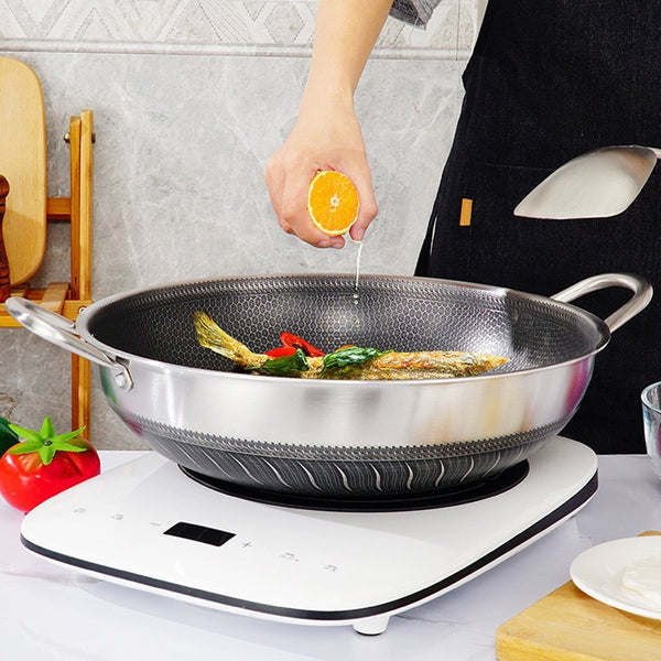 Woks Double Ear 304 Stainless Steel 38Cm Non Stick Stir Fry Cooking Kitchen Wok Pan With Lid Honeycomb Sided