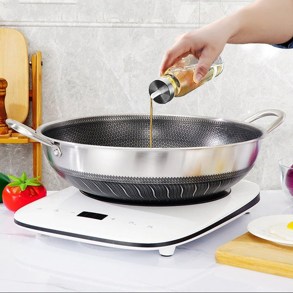 Woks Double Ear 304 Stainless Steel 38Cm Non Stick Stir Fry Cooking Kitchen Wok Pan With Lid Honeycomb Sided