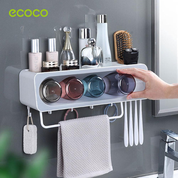 Tumblers & Toothbrush Holders Ecoco Wall Mounted Toothbrush Holder With 4 Cups And Slots Toiletries Bathroom Storage Rack Grey