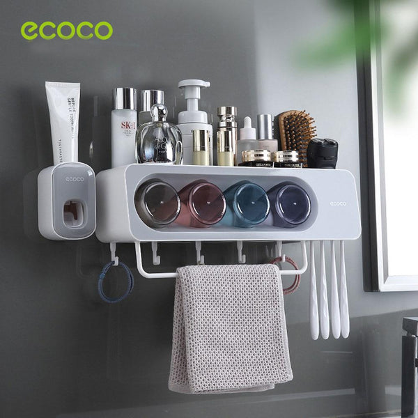 Tumblers & Toothbrush Holders Ecoco Wall Mounted Toothbrush Holder With 4 Cups And Slots Toiletries Bathroom Storage Rack Grey