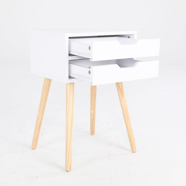 Bedside Tables Bedside Table 2 Drawer Wood Leg Storage Cabinet Nightstand Suzy White