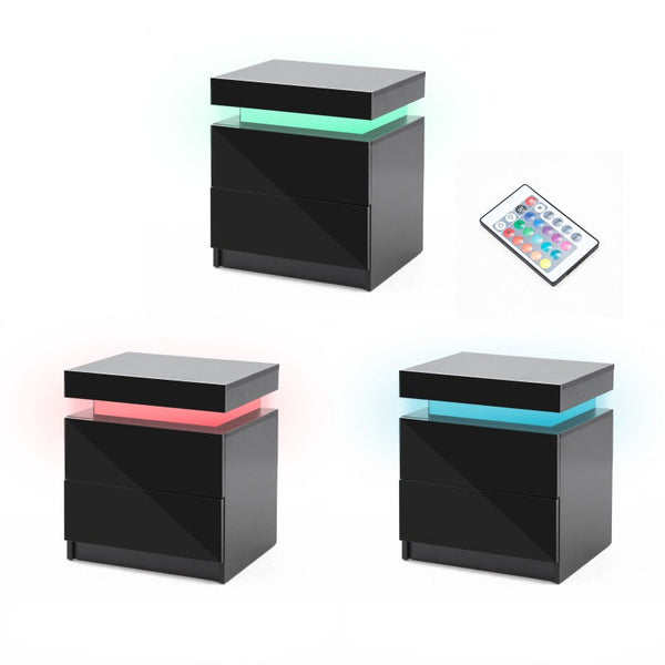 Bedside Tables Bedside Table 2 Drawers Rgb Led Bedroom Cabinet Nightstand Gloss Aurora Black