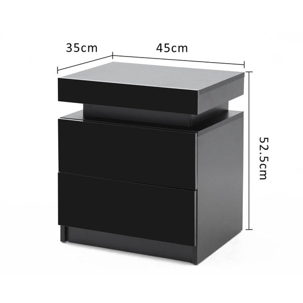 Bedside Tables Bedside Table 2 Drawers Rgb Led Bedroom Cabinet Nightstand Gloss Aurora Black