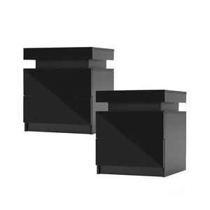 Bedside Tables 2X Bedside Table Drawers Rgb Led Bedroom Cabinet Nightstand Gloss Aurora Black