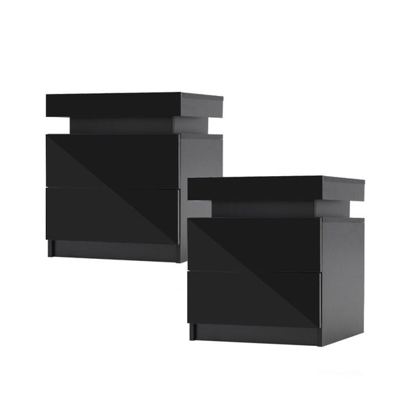 Bedside Tables 2X Bedside Table Drawers Rgb Led Bedroom Cabinet Nightstand Gloss Aurora Black