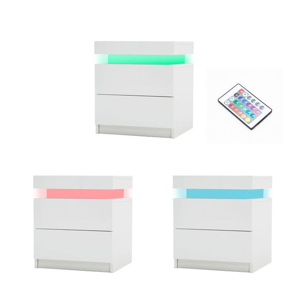 Bedside Tables Bedside Table 2 Drawers Rgb Led Bedroom Cabinet Nightstand Gloss Aurora White