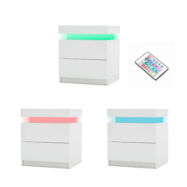 Bedside Tables 2X Bedside Table Drawers Rgb Led Bedroom Cabinet Nightstand Gloss Aurora White