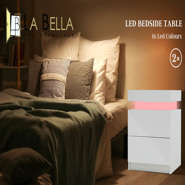 Bedside Tables 2X Bedside Table Drawers Rgb Led Bedroom Cabinet Nightstand Gloss Aurora White