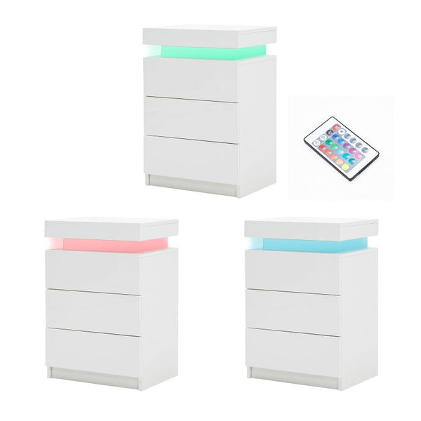 Bedside Tables Bedside Table 3 Drawers Rgb Led Bedroom Cabinet Nightstand Gloss Glory White