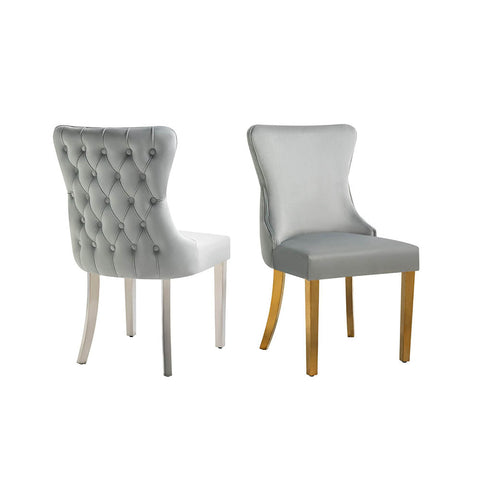 Dining Chairs Paris Dark Grey Velvet & Silver Polished Steel Upholstered Tufted Back Set Of 2