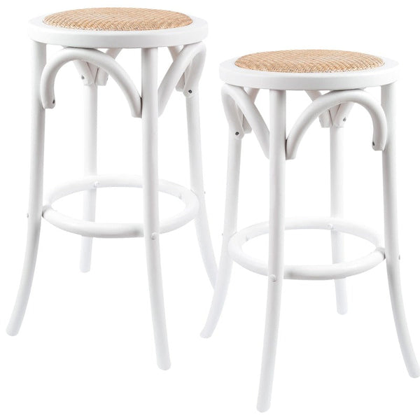 Benches Bar Stools Aster 2Pc Round Bar Stools Dining Chair Solid Birch Wood Rattan Seat White