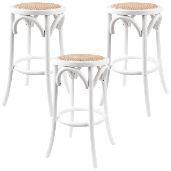 Benches Bar Stools Aster 3Pc Round Bar Stools Dining Chair Solid Birch Wood Rattan Seat White