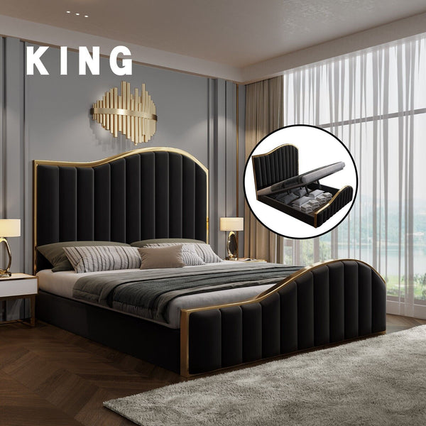 King Bed Frames Elegant Luxury Bedframe With Gas Lift Storage Black Velvet Fabric Golden Trim King Size