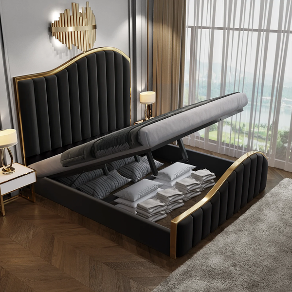 King Bed Frames Elegant Luxury Bedframe With Gas Lift Storage Black Velvet Fabric Golden Trim King Size