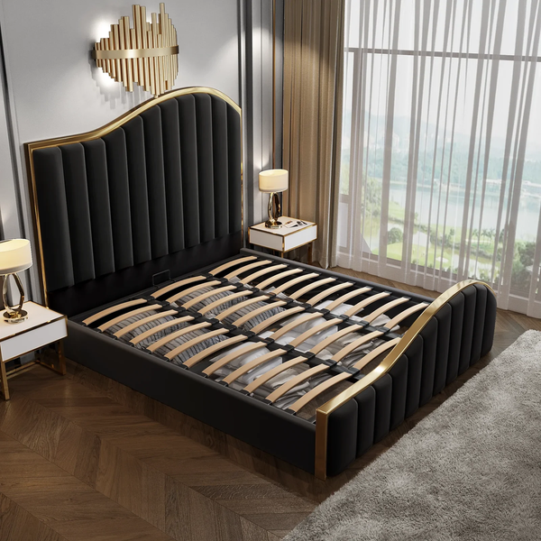 King Bed Frames Elegant Luxury Bedframe With Gas Lift Storage Black Velvet Fabric Golden Trim King Size