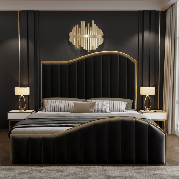 King Bed Frames Elegant Luxury Bedframe With Gas Lift Storage Black Velvet Fabric Golden Trim King Size