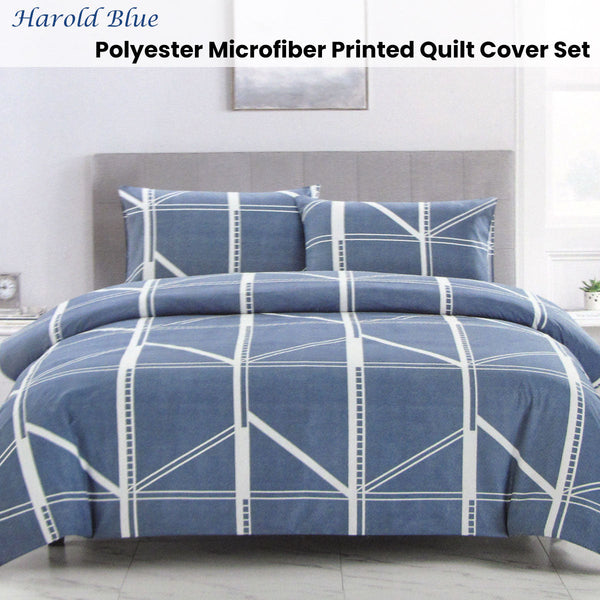 Quilt Covers Artex Harold Blue Quilt Cover Set Geometric Pattern Reversible Printed Microfiber Polyester