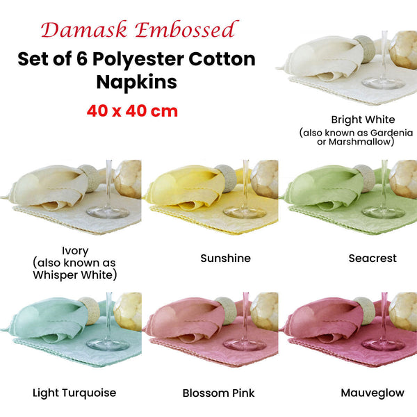 Napkins Set Of 6 Damask Embossed Polyester Cotton Bright White (Also Known As Gardenia Or Marshmallow) 40 X 40Cm