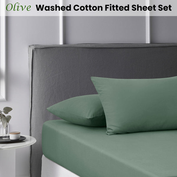 Sheets Accessorize Olive Washed Cotton Fitted Sheet Set Super King